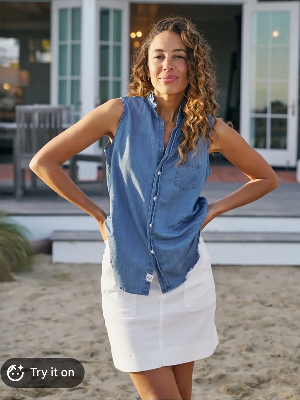 Frank & Eileen womens L Fiona sleeveless denim button up chambray shirt USA